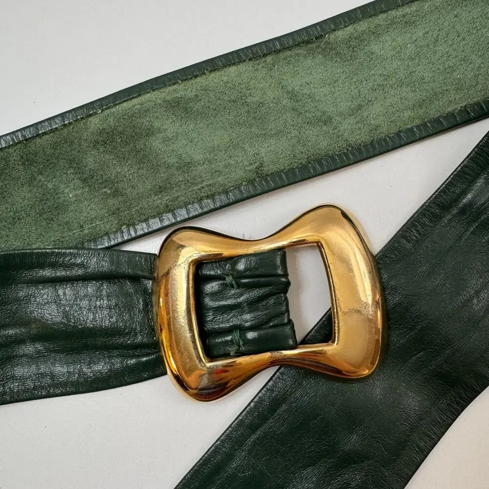 VTG Ceinture Emmanuel Canada Women Belt Green Genuine Leather Gold Brass Buckle